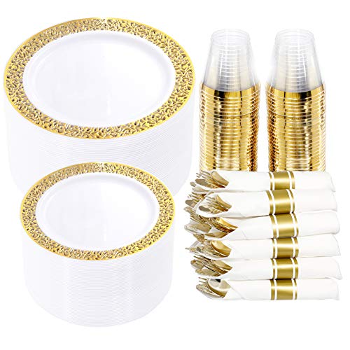 Gold Plastic Dinnerware Set: 350 Pieces
