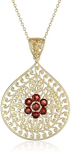 Garnet and Filigree Teardrop Pendant Necklace in Gold