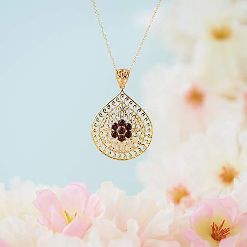 Garnet and Filigree Teardrop Pendant Necklace in Gold