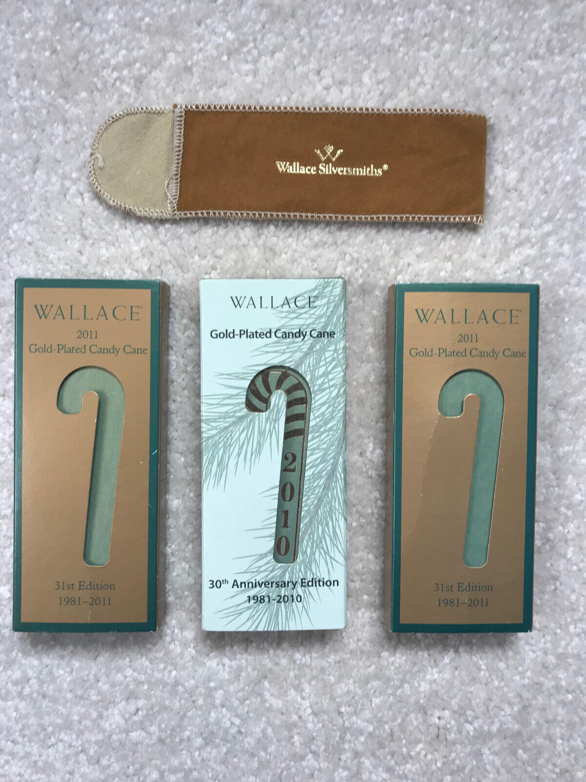 Wallace Silversmiths Candy Cane Ornaments 2010, 2011 + boxes, pouches & xtra