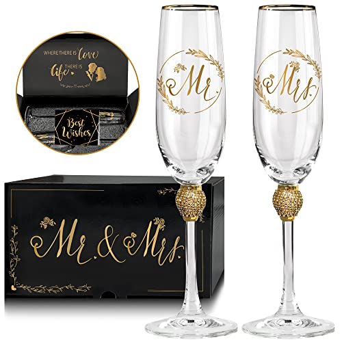 Gold Rhinestone Mr & Mrs Champagne Flutes Set