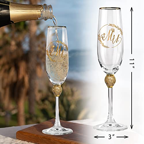 Gold Rhinestone Mr & Mrs Champagne Flutes Set