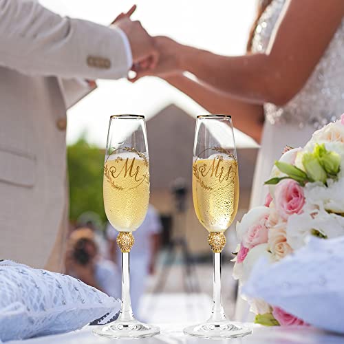 Gold Rhinestone Mr & Mrs Champagne Flutes Set