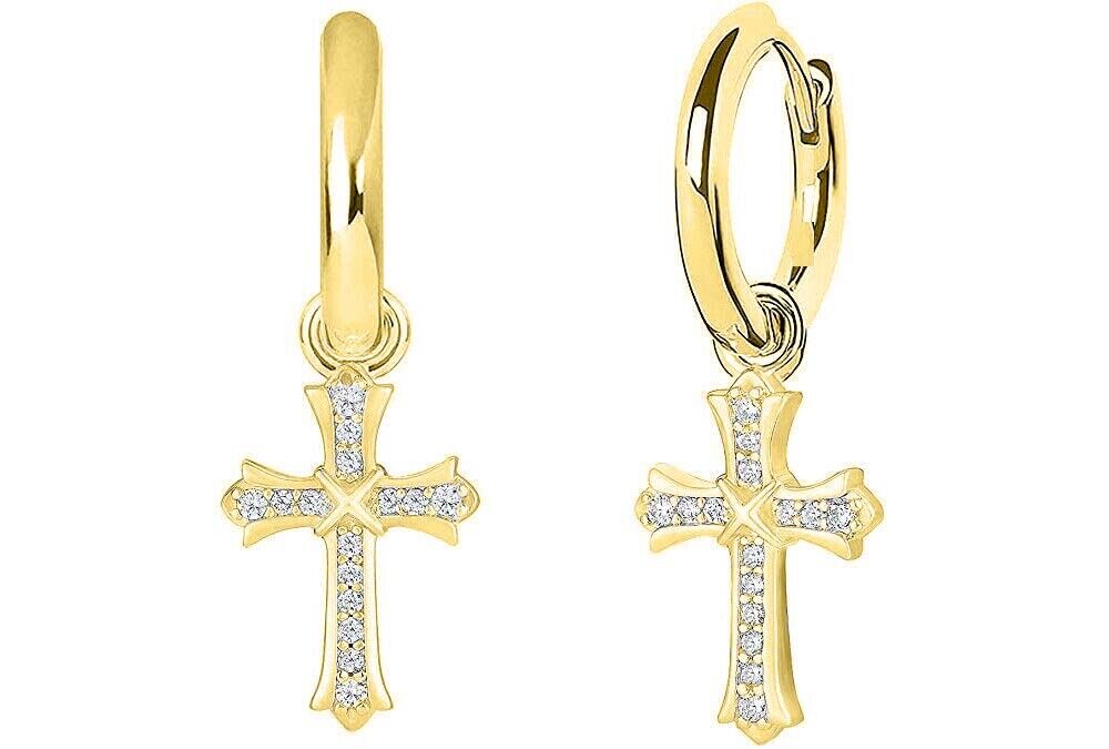 18K Gold Plated CZ Cross Huggie Earrings