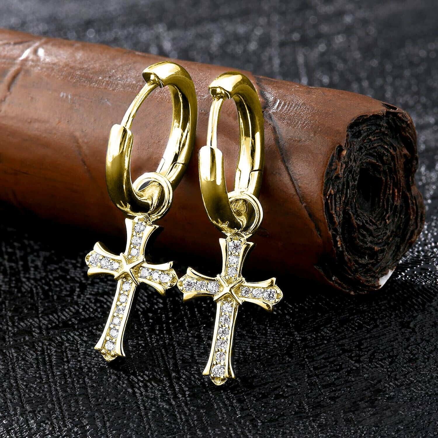 18K Gold Plated CZ Cross Huggie Earrings
