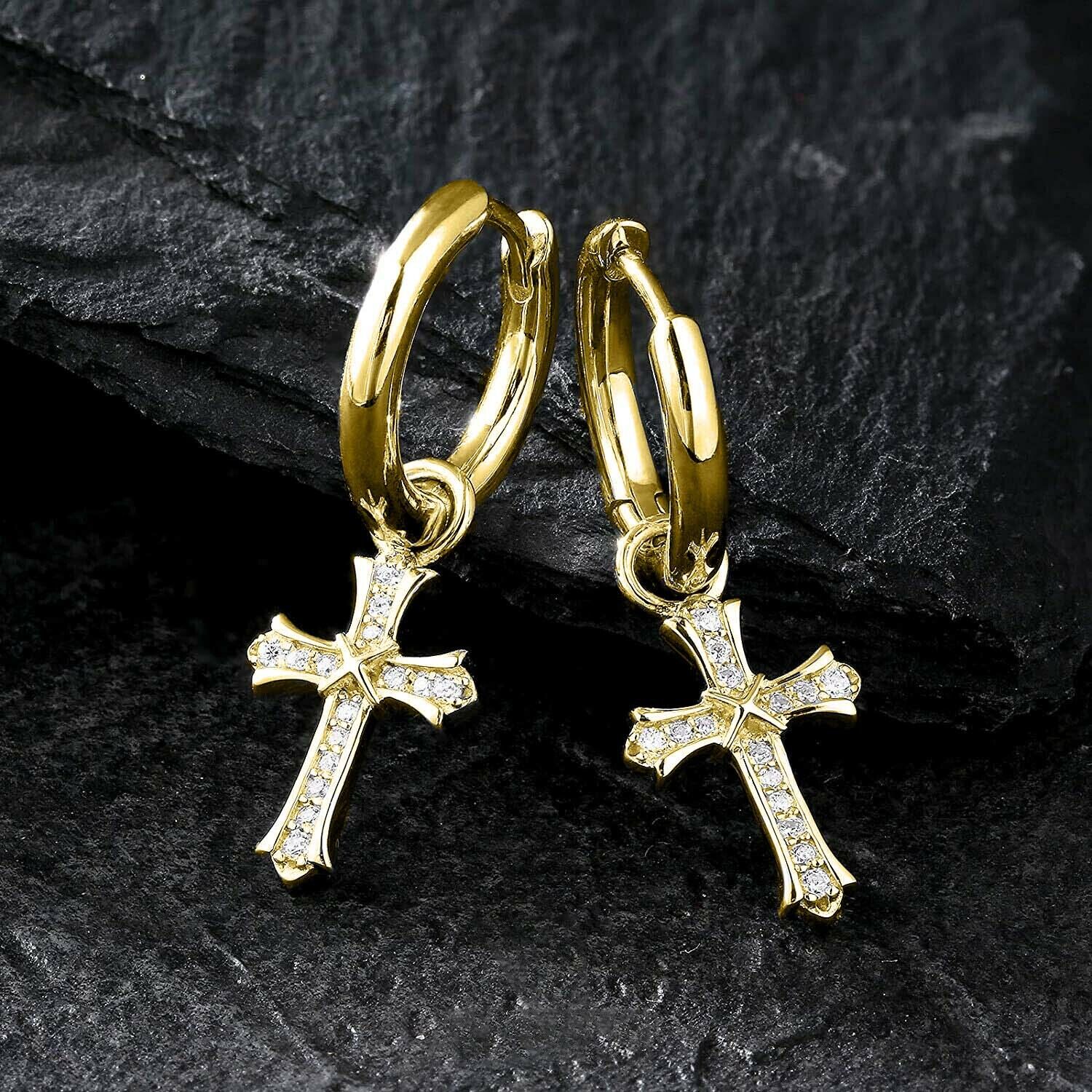 18K Gold Plated CZ Cross Huggie Earrings