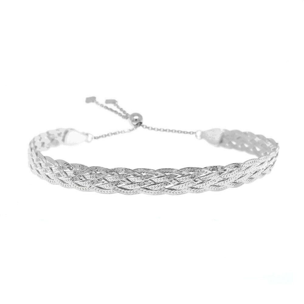 Italian Made 925 Sterling Silver Braided Herringbone Adjustable Bracelet 