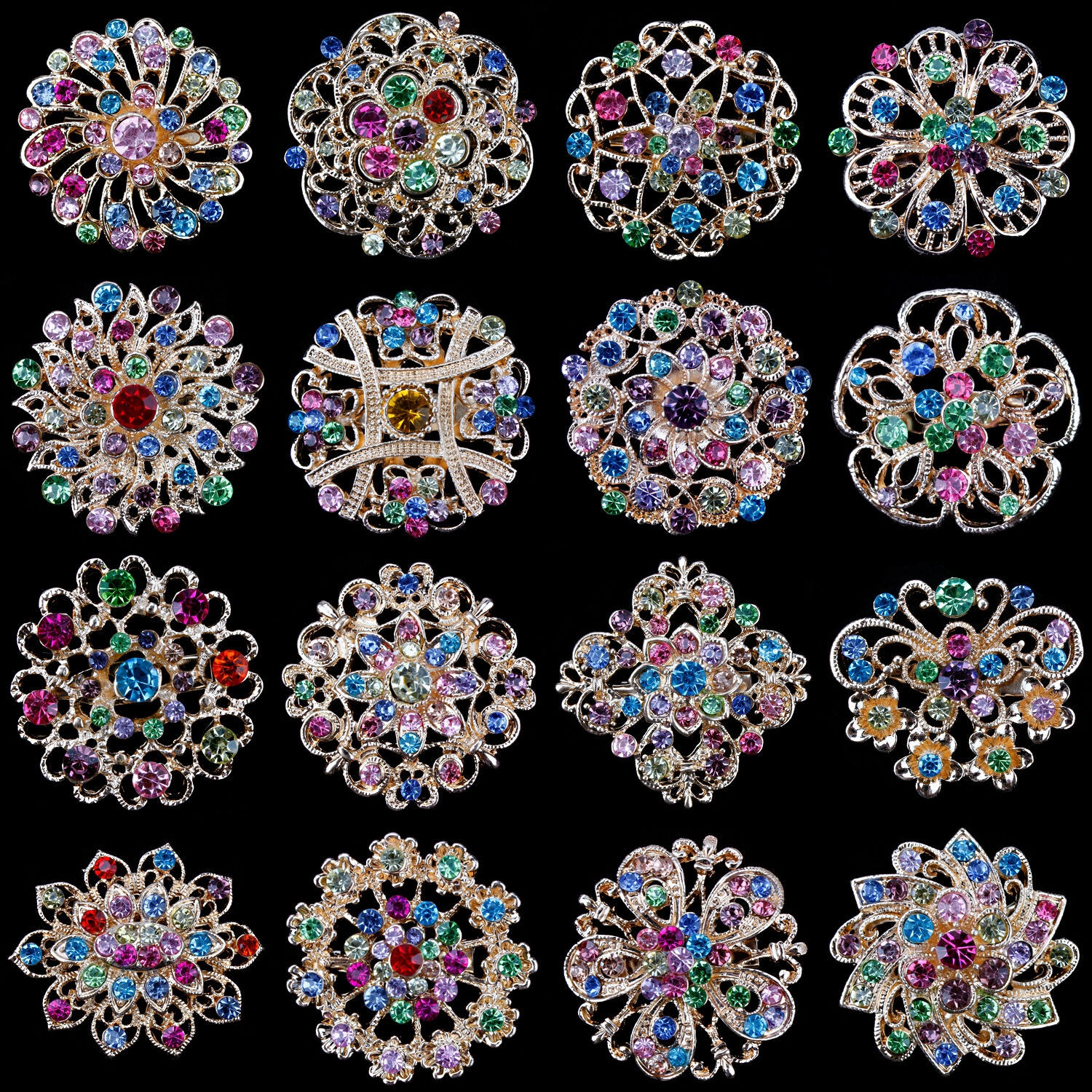 Lot 16 pc Mixed Vintage Style Golden Rhinestone Crystal Brooch Pin DIY Bouquet