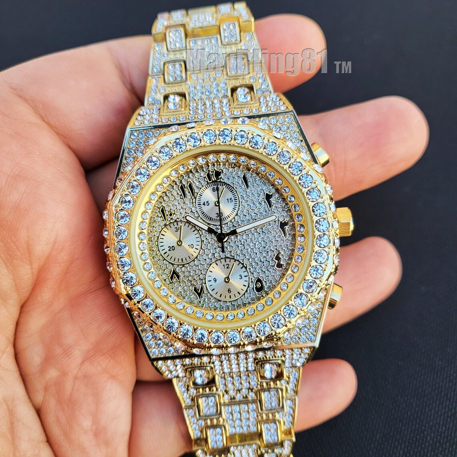 Gold Plated Arabic Diamond Watch for Men
