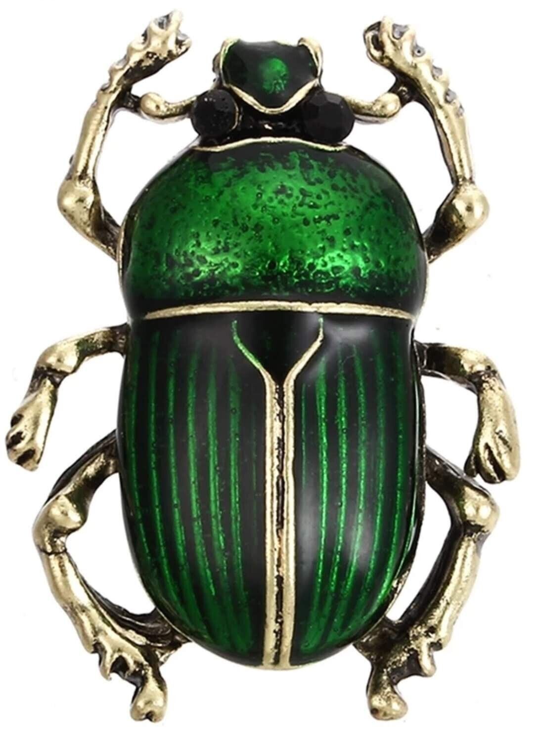 Scarab Beetle Green Enameled Small Vintage Gold Pin Brooch D-873