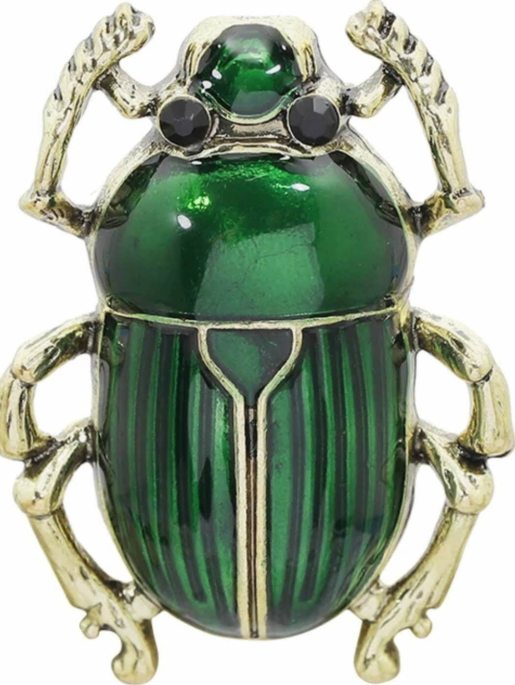 Scarab Beetle Green Enameled Small Vintage Gold Pin Brooch D-873