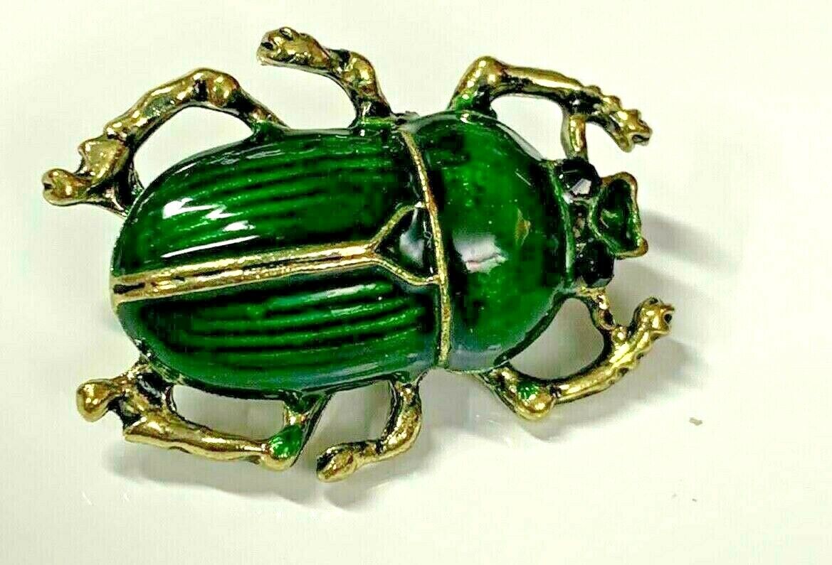 Scarab Beetle Green Enameled Small Vintage Gold Pin Brooch D-873