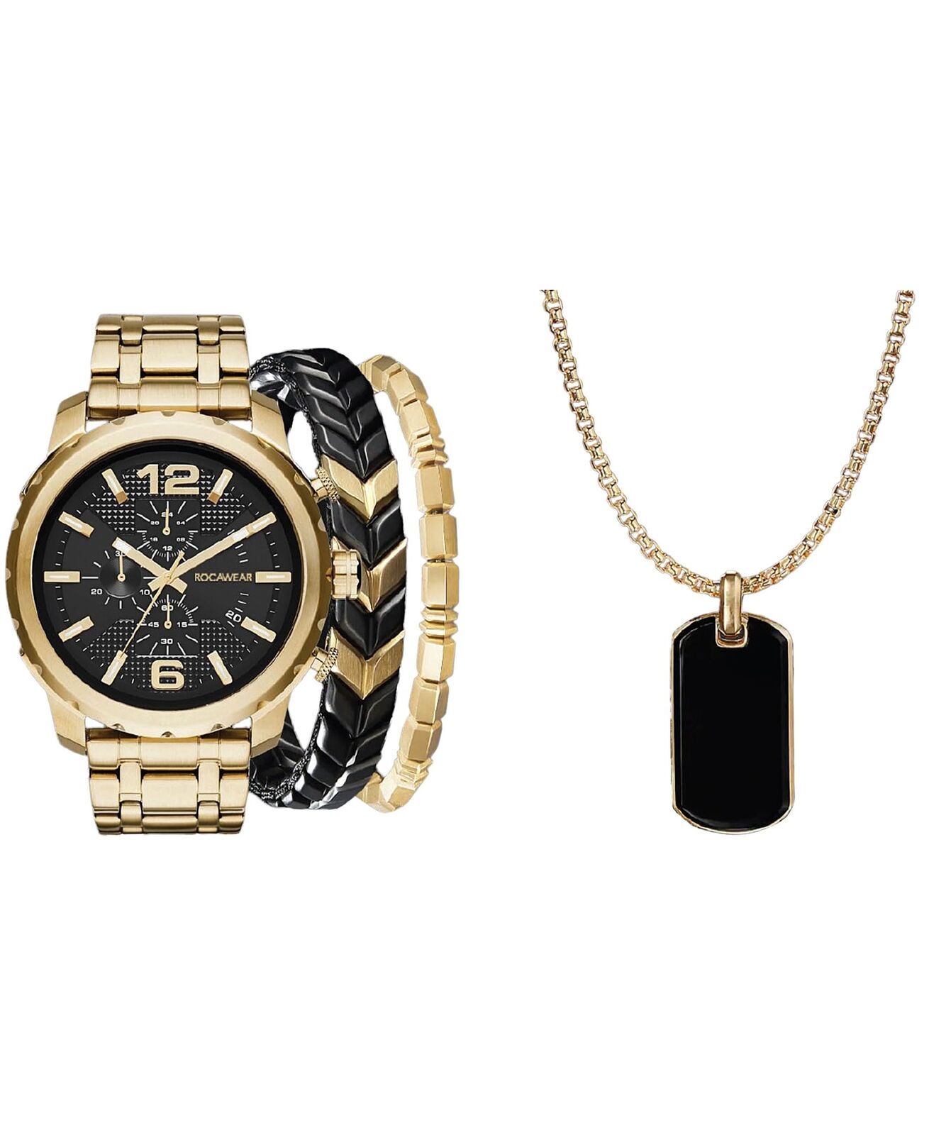Rocawear Mens Metal Black/Gold Watch/Bracelet/Neck Set