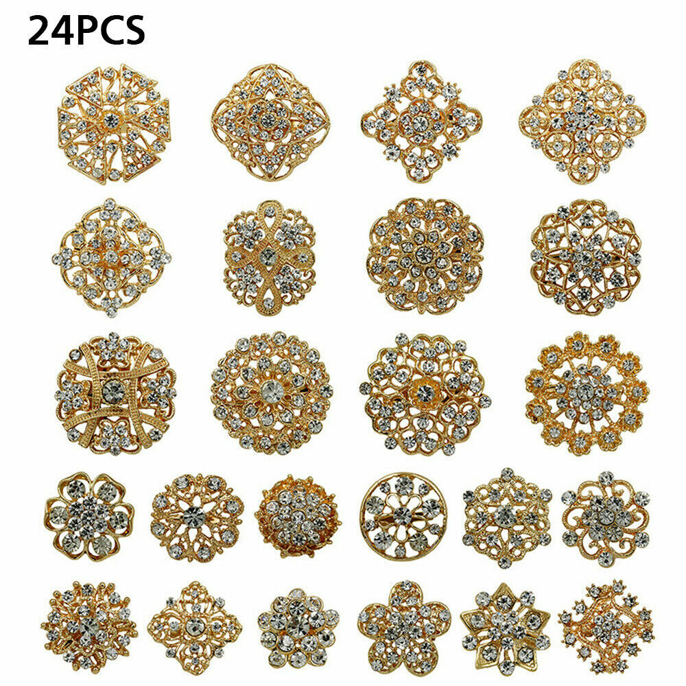 Lot 24pcs Crystal Brooch Pins Mixed Vintage Style Golden Rhinestone DIY Bouquet
