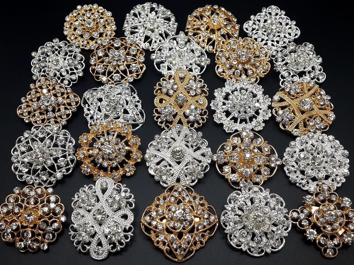 24pc lot Mixed Gold Silver Rhinestone Crystal Brooches Pins DIY Wedding Bouquet