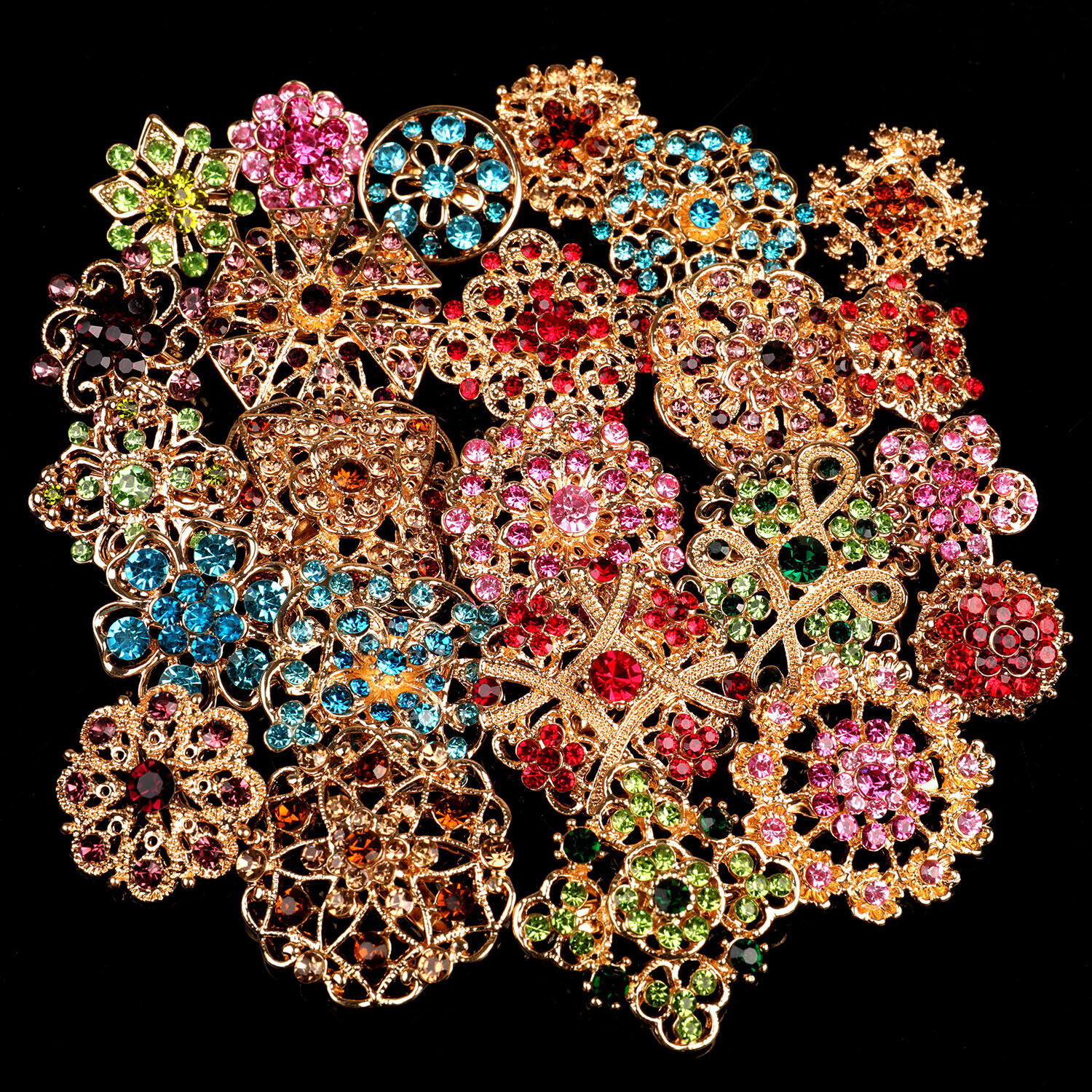 Mixed Vintage Style Golden Rhinestone Crystal Brooches
