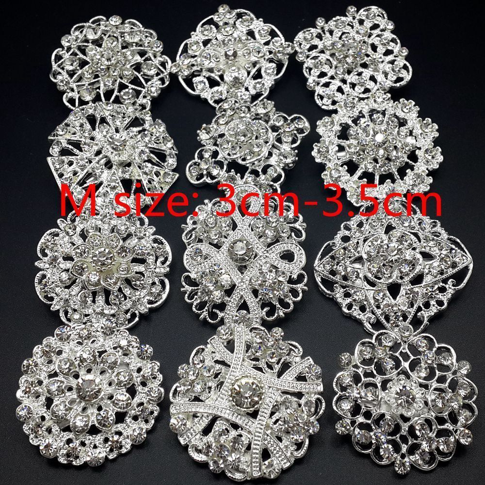 24pc lot Mixed Gold Silver Rhinestone Crystal Brooches Pins DIY Wedding Bouquet