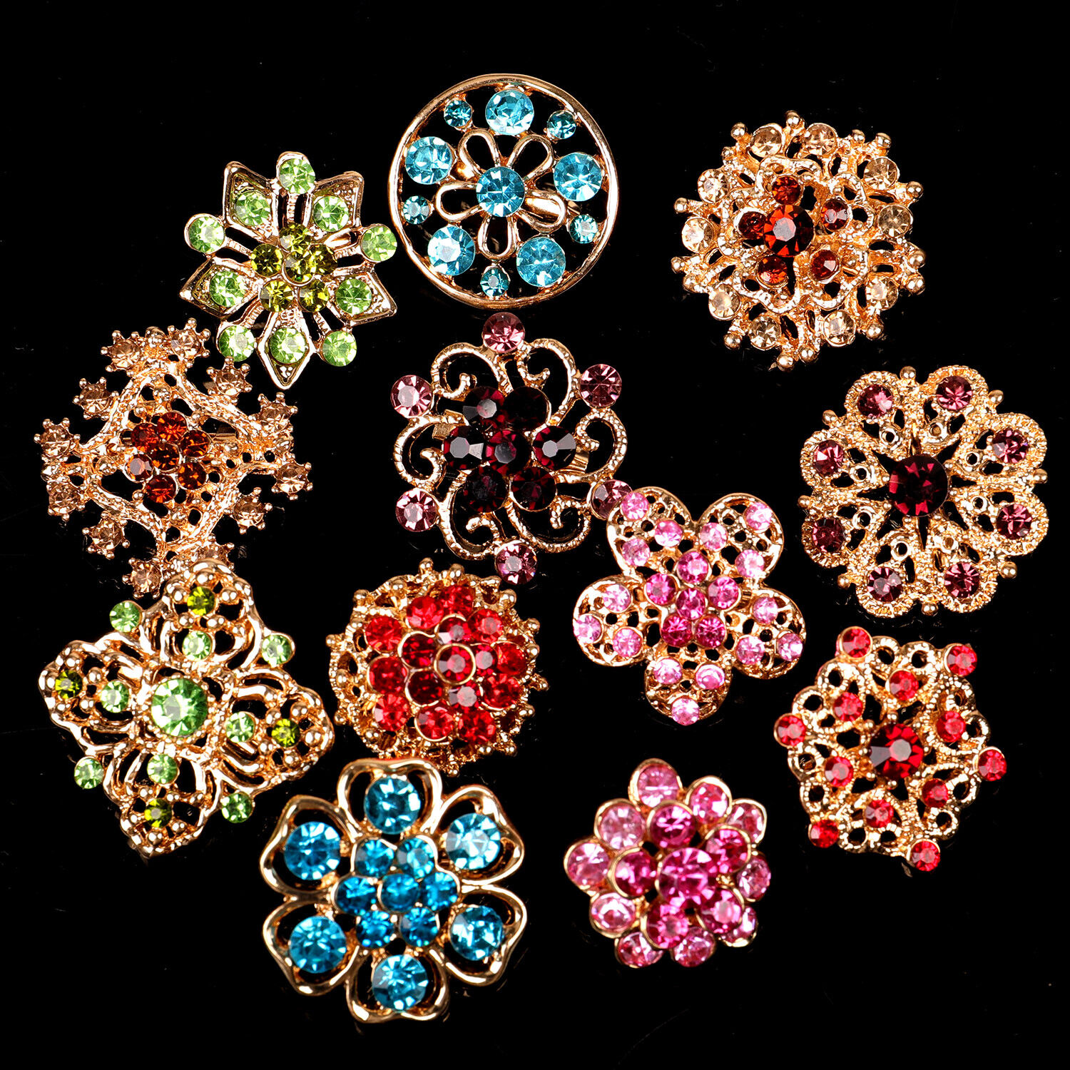 Mixed Vintage Style Golden Rhinestone Crystal Brooches