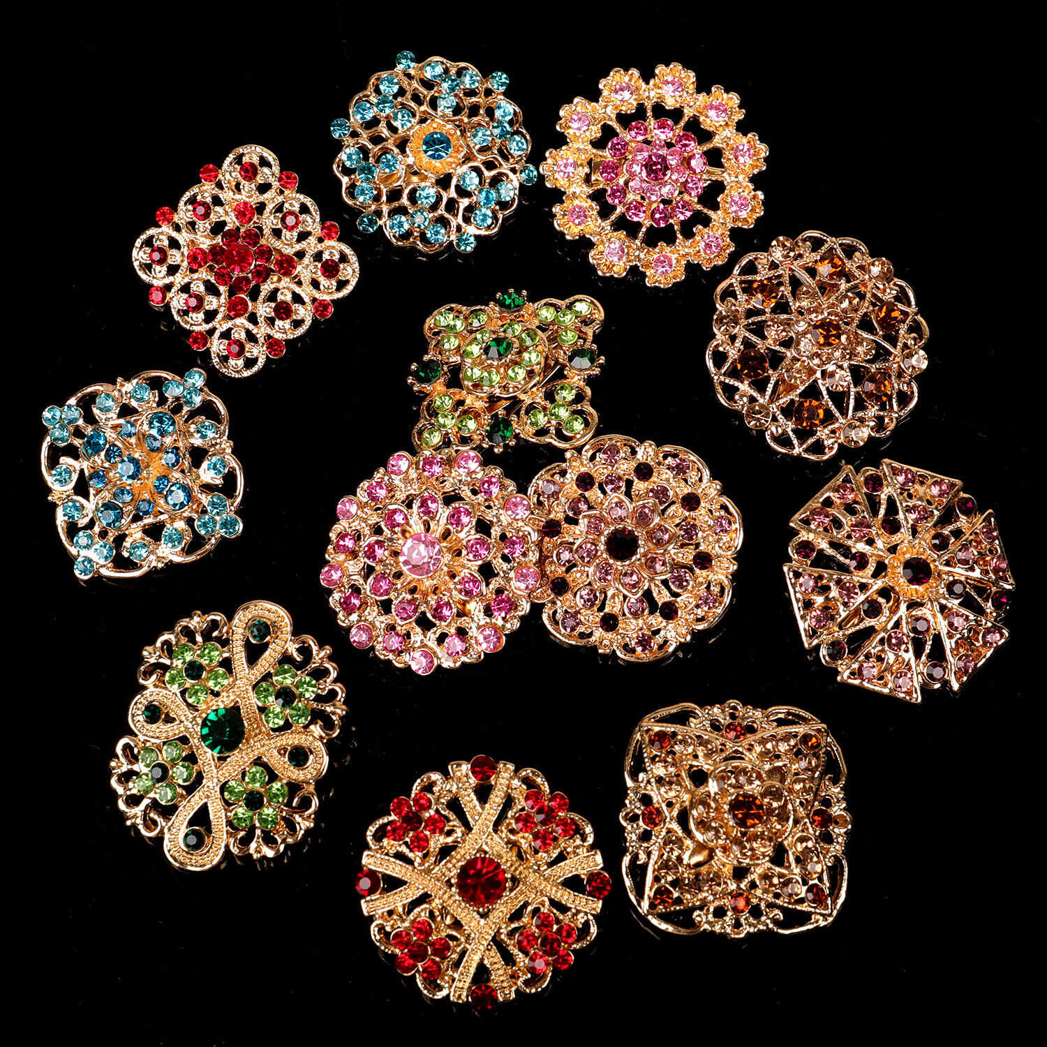 Mixed Vintage Style Golden Rhinestone Crystal Brooches