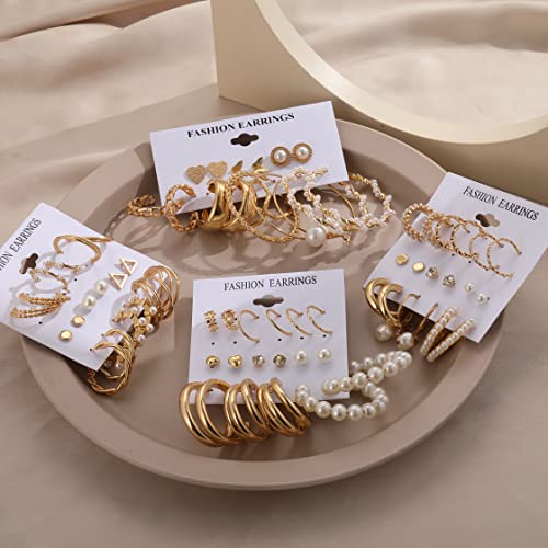Gold Earring Set with Pearl and Chain