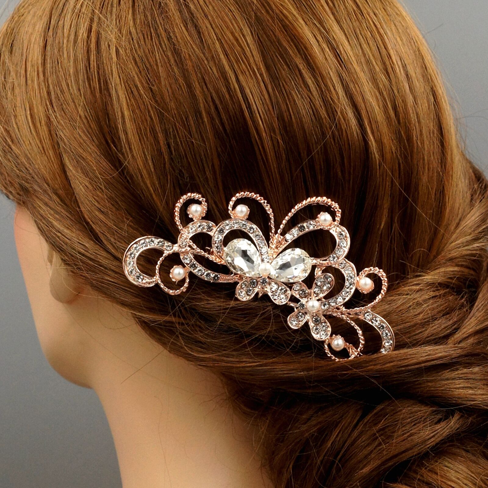 Bridal Hair Comb Pearl ROSE GOLD Crystal Headpiece Wedding Accessories Pin 06509
