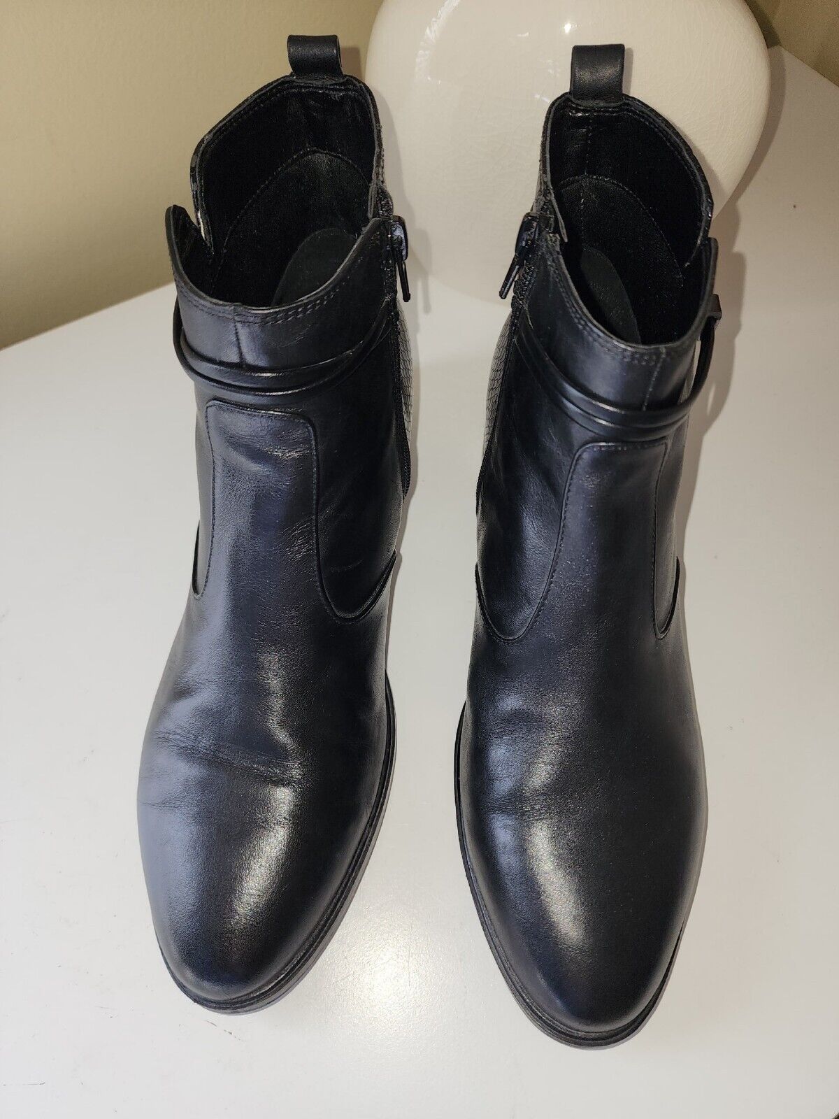Black Leather Low Heel Ankle Bootie - Size 10M