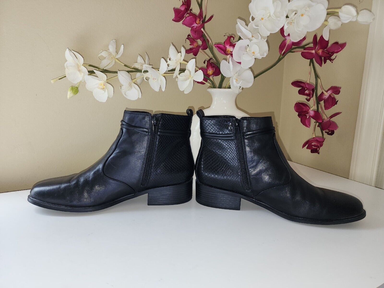 Black Leather Low Heel Ankle Bootie - Size 10M