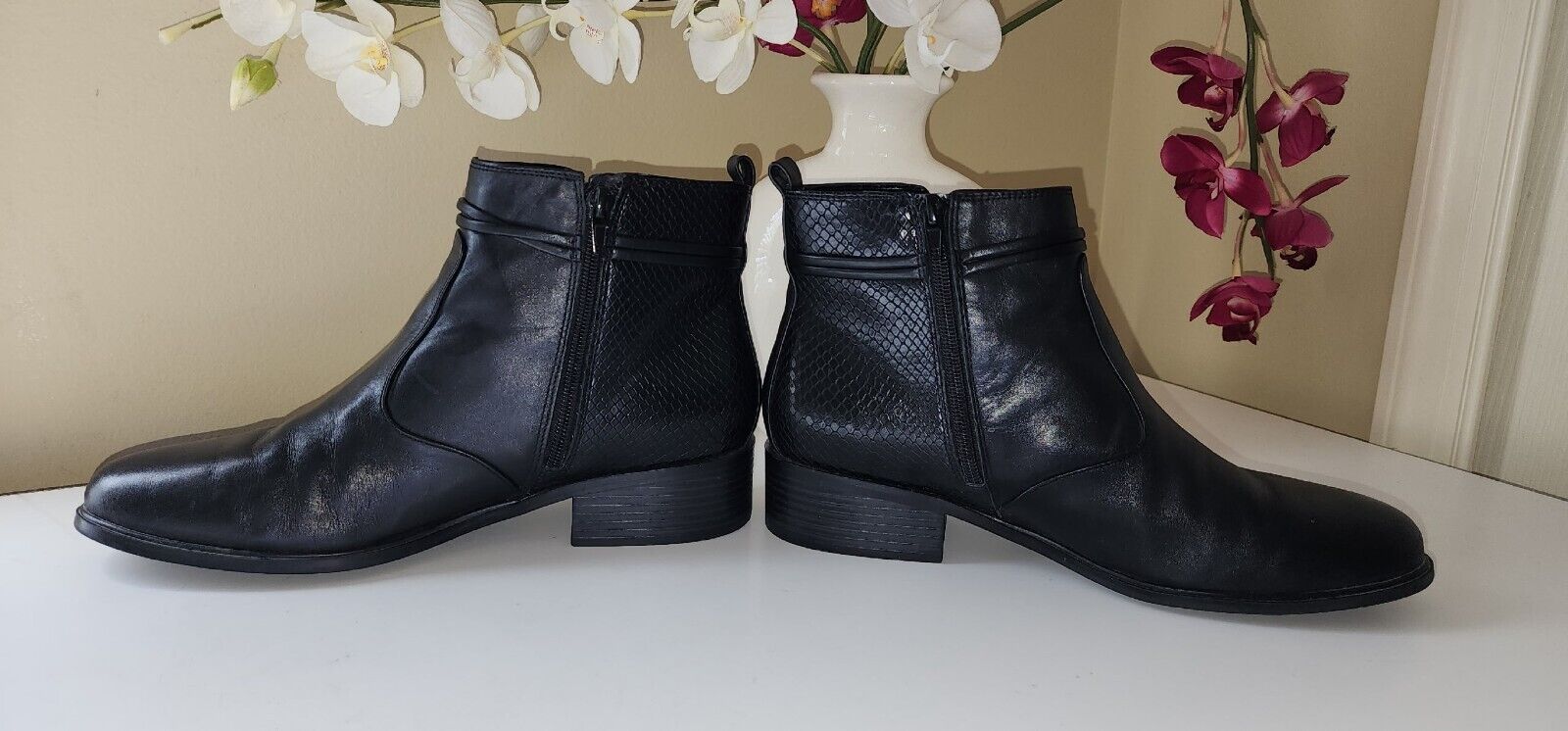 Black Leather Low Heel Ankle Bootie - Size 10M