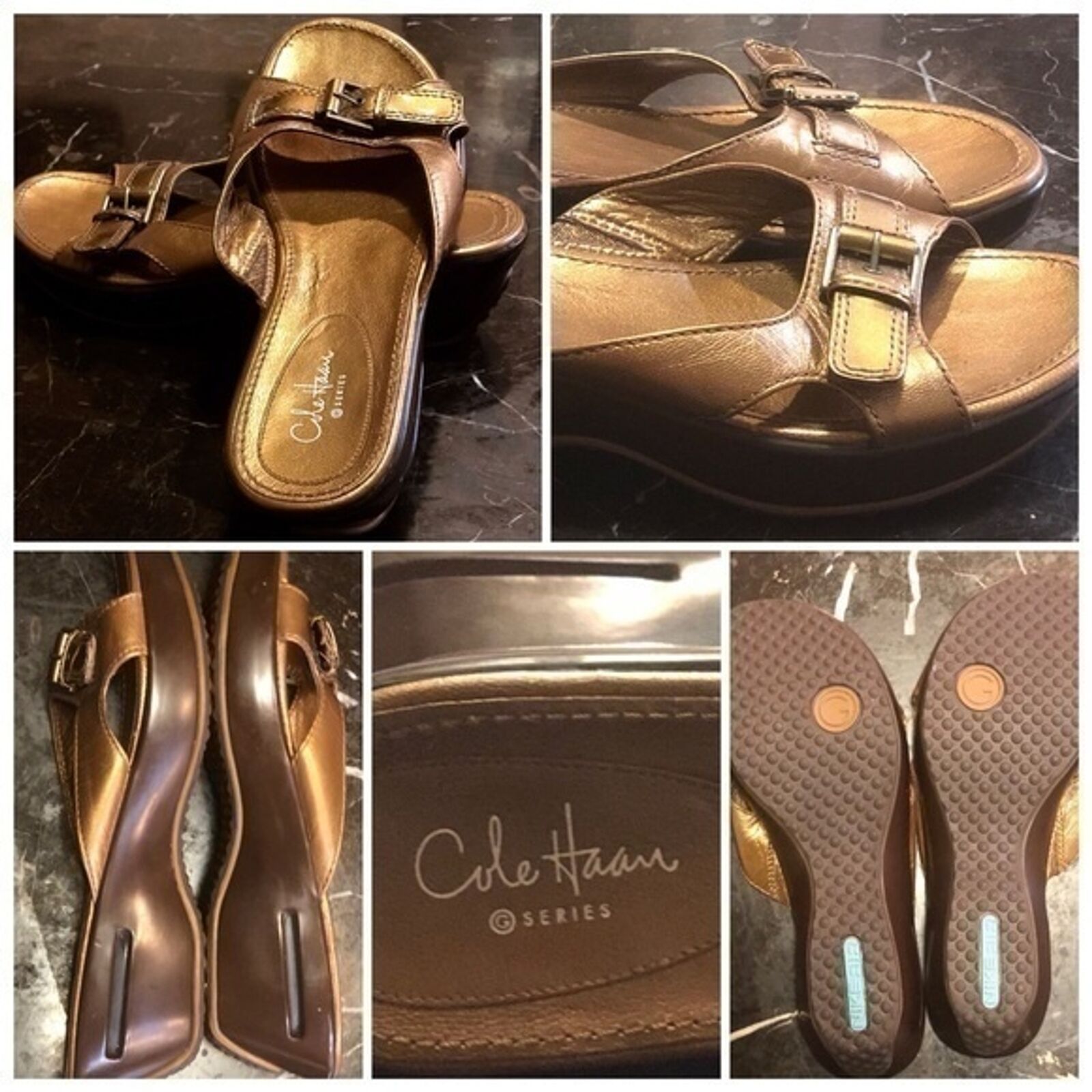 Gold/Brown Buckle Sandals with Low Wedge