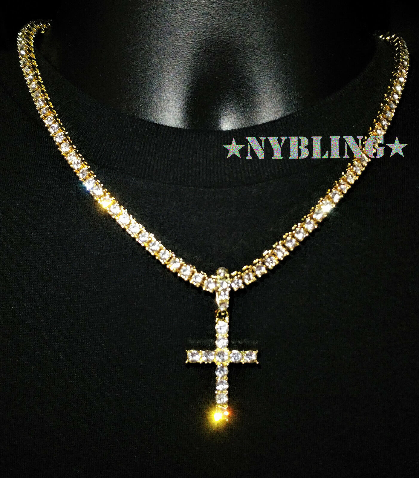 14k Gold Plated Tennis Chain Cross Pendant CZ Choker Necklace ICED Jewelry 5MM