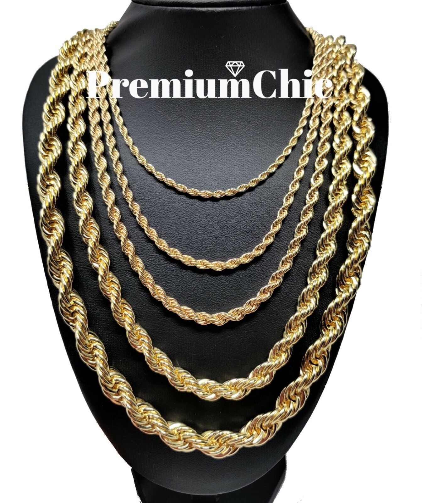 Rope Chain Necklace 3mm to 10mm 16" to 30" 14K Gold Plated Mens Hip Hop Jewelry