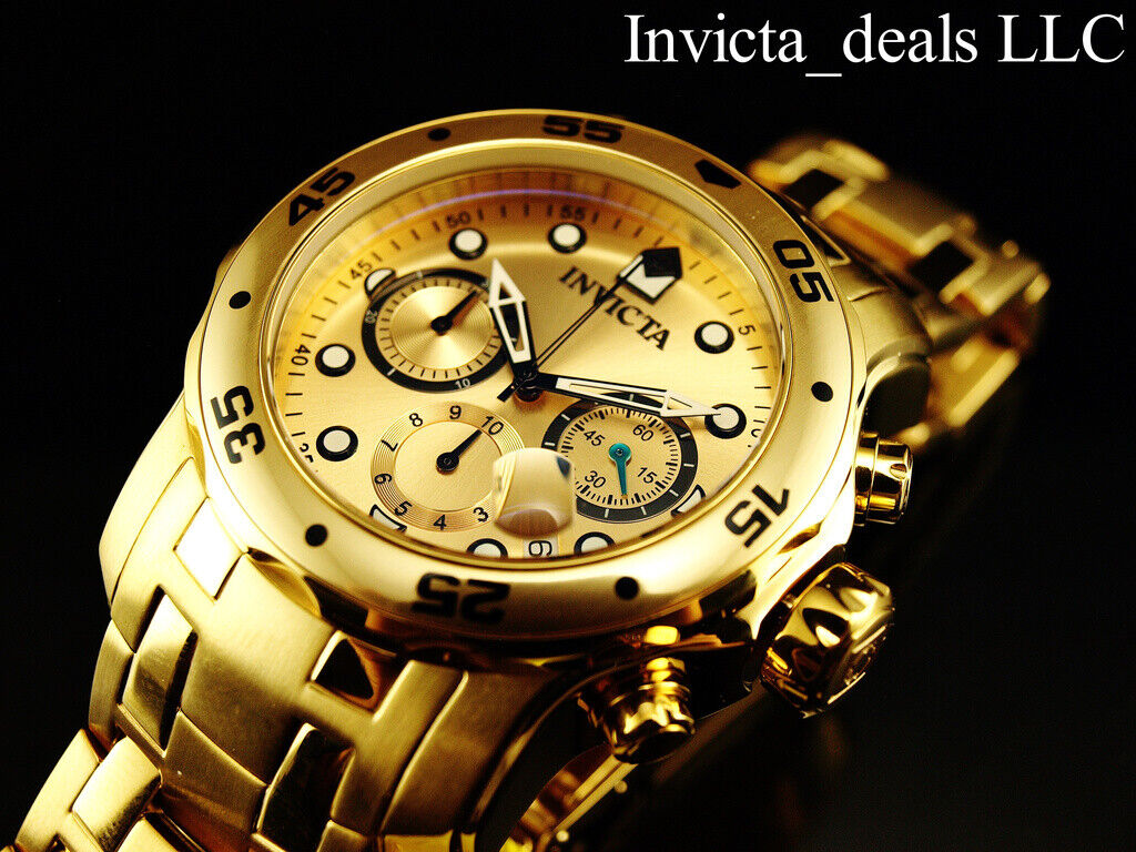 Invicta Men's 48mm PRO DIVER Scuba Chronograph Gold Dial 18K Gold Plated Watch