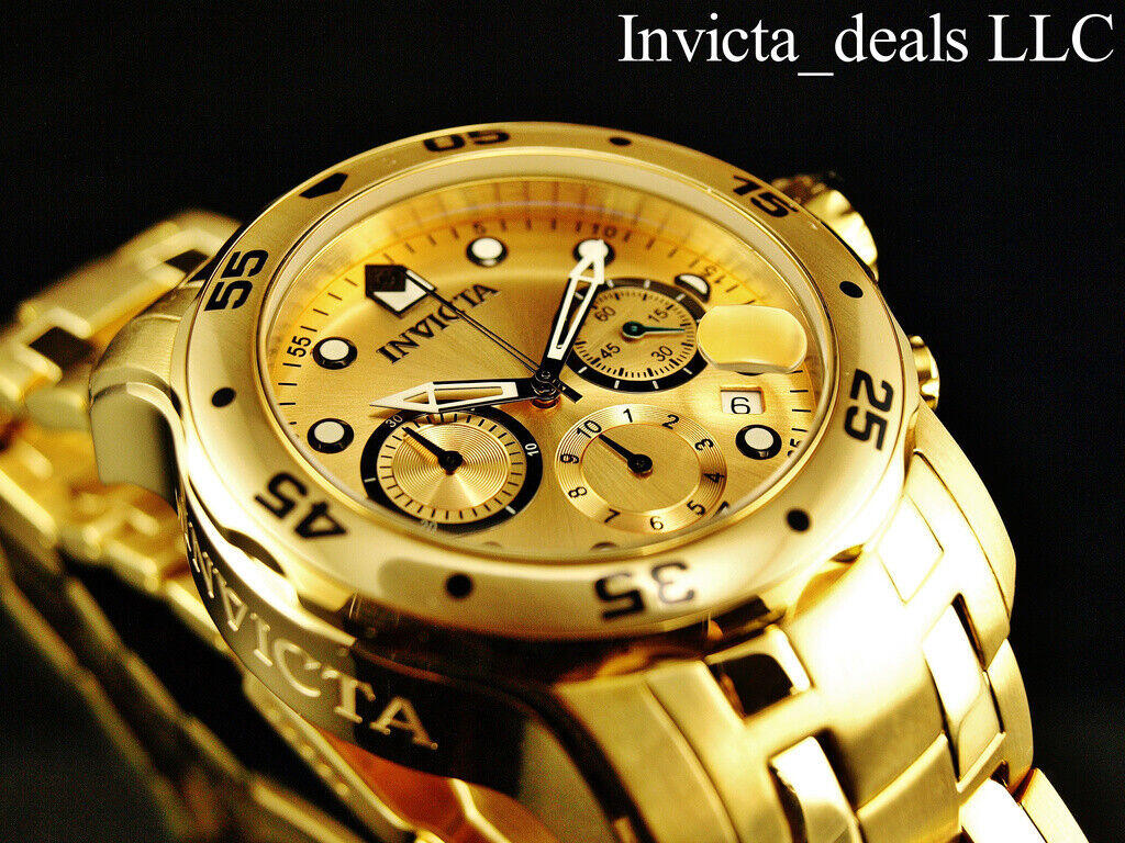 Invicta Men's 48mm PRO DIVER Scuba Chronograph Gold Dial 18K Gold Plated Watch