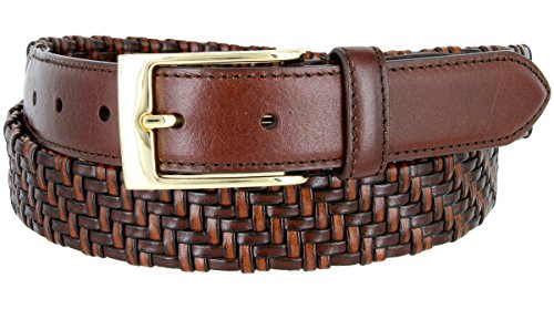 BL044 Gold Plated Buckle Braided Knitted Genuine Leather Casual Dress Belt 1-1/4" Wide - BROWN, 36