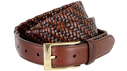 BL044 Gold Plated Buckle Braided Knitted Genuine Leather Casual Dress Belt 1-1/4" Wide - BROWN, 36