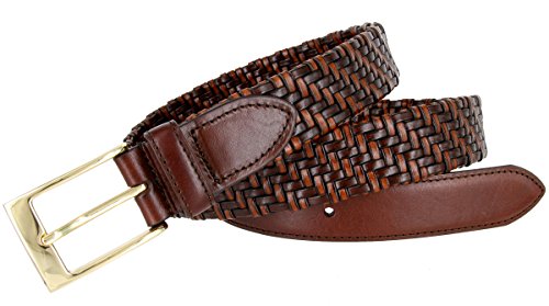 BL044 Gold Plated Buckle Braided Knitted Genuine Leather Casual Dress Belt 1-1/4" Wide - BROWN, 36