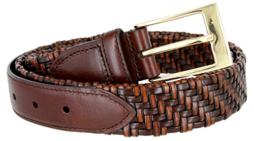 BL044 Gold Plated Buckle Braided Knitted Genuine Leather Casual Dress Belt 1-1/4" Wide - BROWN, 36