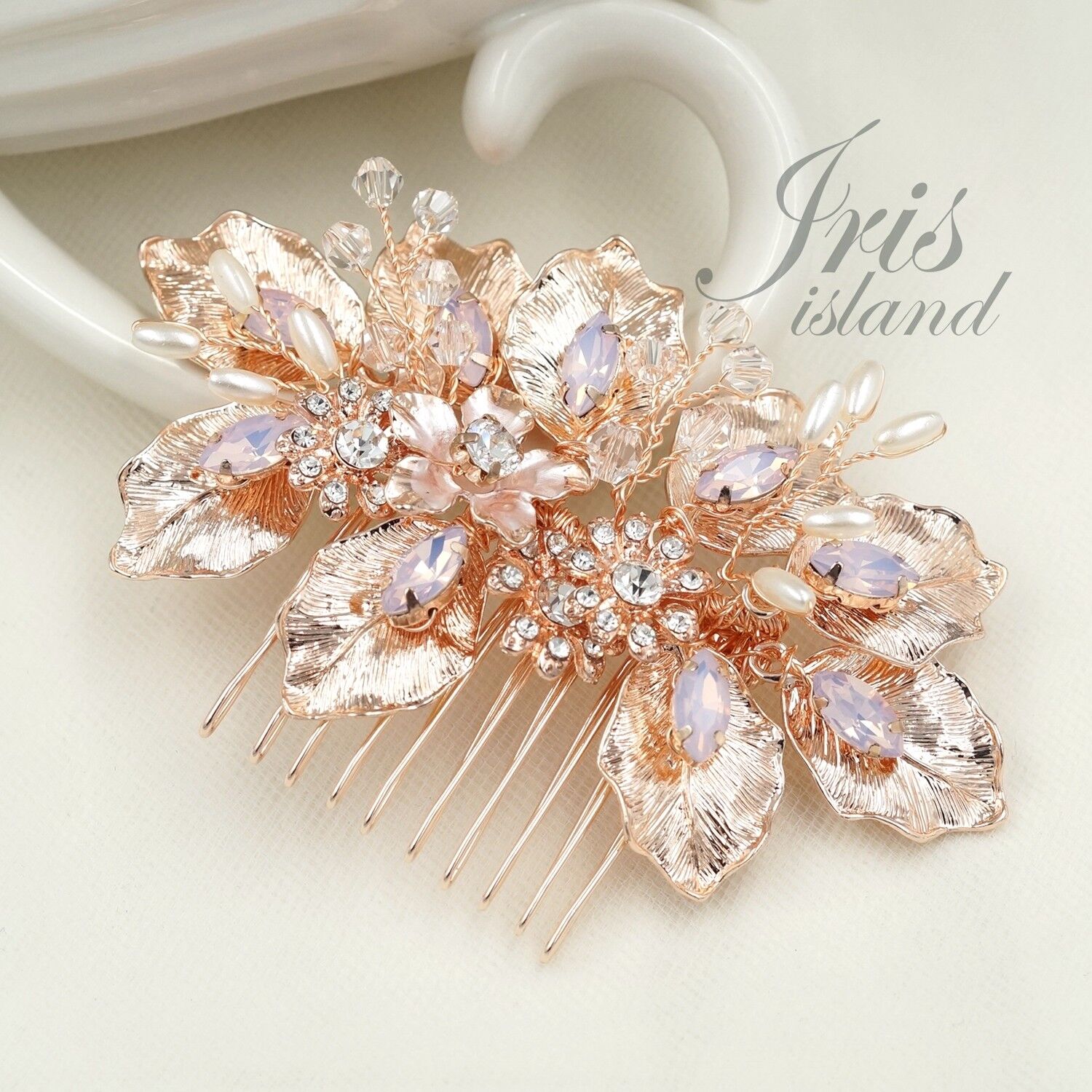 Rose Gold Bridal Hair Comb with Crystals and Pearls