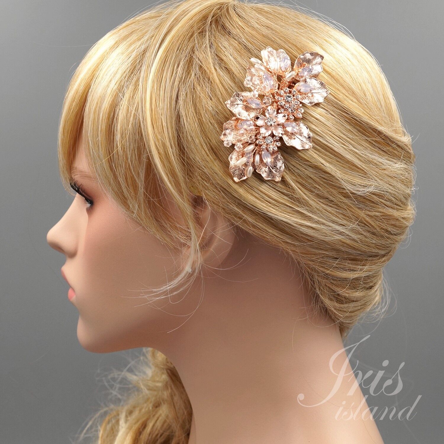 Rose Gold Bridal Hair Comb with Crystals and Pearls