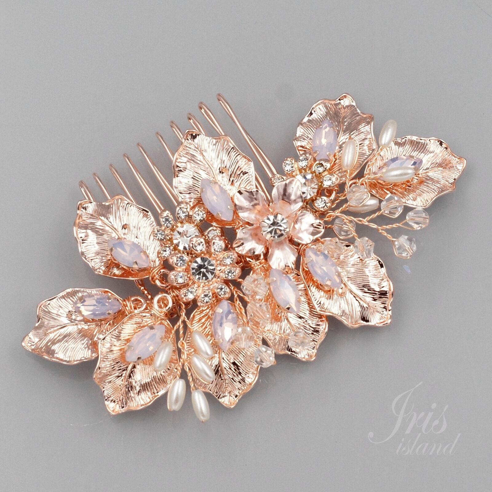 Rose Gold Bridal Hair Comb with Crystals and Pearls