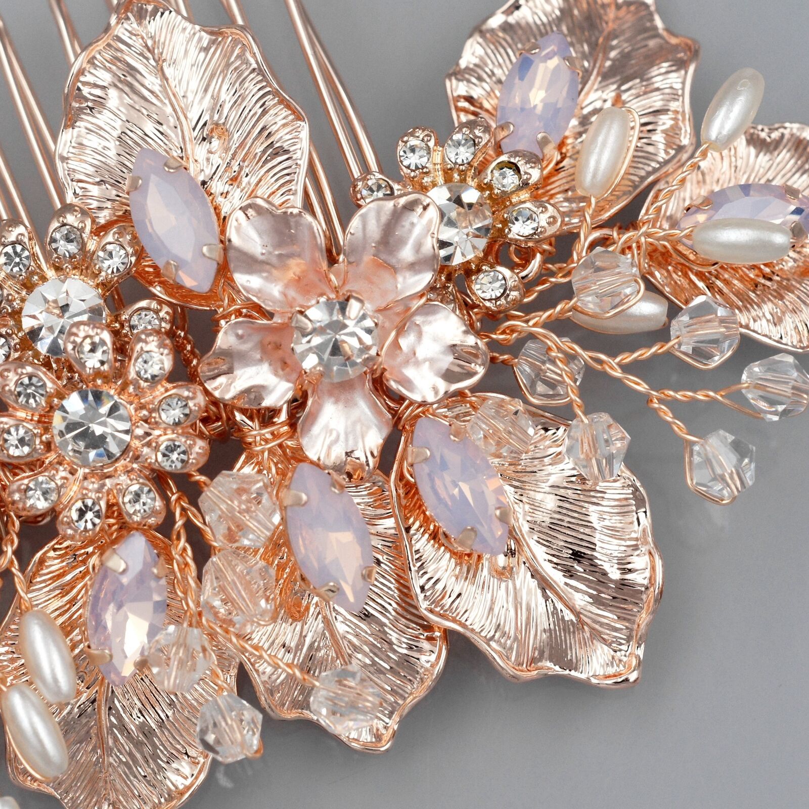 Rose Gold Bridal Hair Comb with Crystals and Pearls