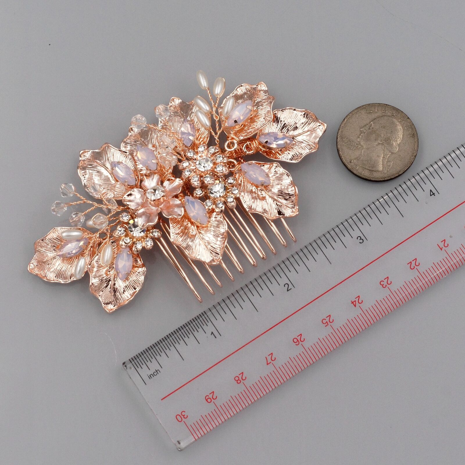 Rose Gold Bridal Hair Comb with Crystals and Pearls