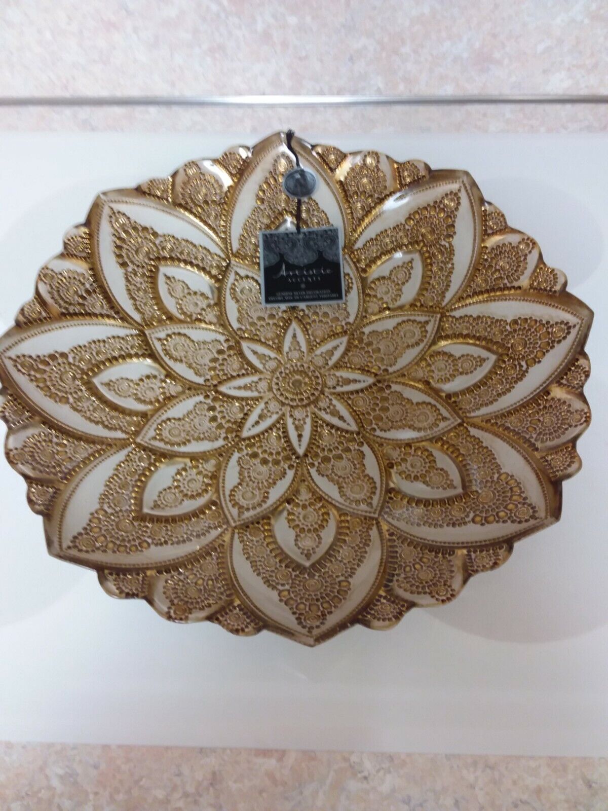 Turkish 16" Beige and Gold Decorative Bowl