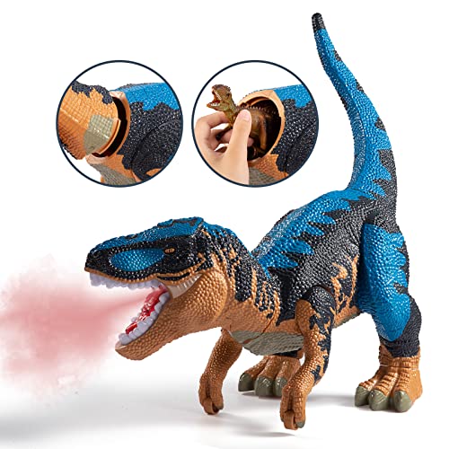 TEMI Large Dinosaur Toy for Kids and Toddlers, Jumbo Tyrannosaurus Rex with Mist Spray, LED Light and Roaring Sounds – One Big Hollow T-Rex Stored with 4 Hand-Painted Dinosaur and 6 Mini Dinos