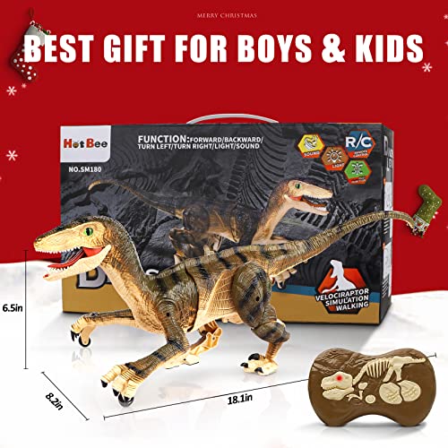 Hot Bee Remote Control Dinosaur Toys for Boys 4-7 8-12, Walking Robot Dinosaur Toy w/Light & Roaring Simulation Velociraptor, Dinosaur Gifts for Boys Age 4 5 6 7 8-12