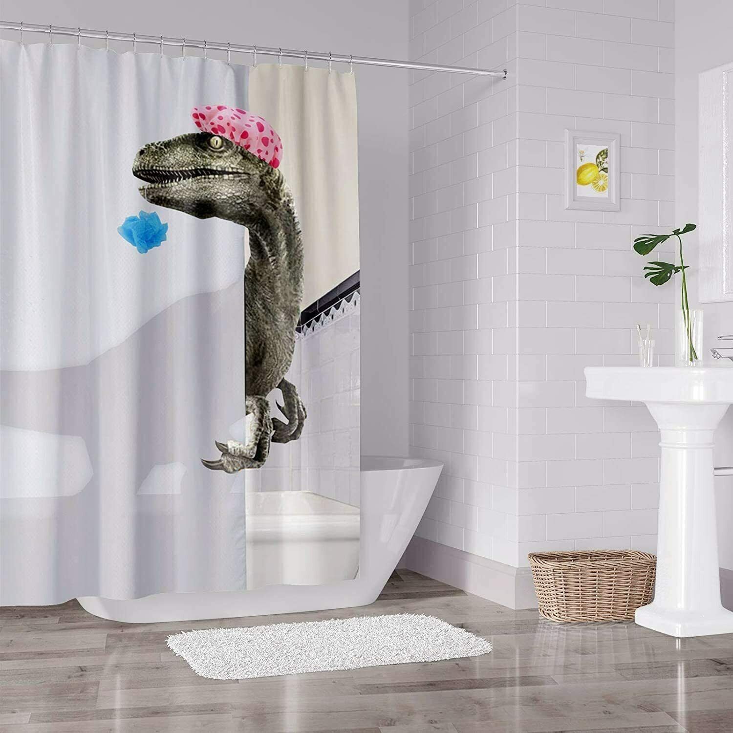 4Pcs Dinosaur Shower Curtain Set with Non-Slip Rug Toilet Lid Cover and Bath Mat