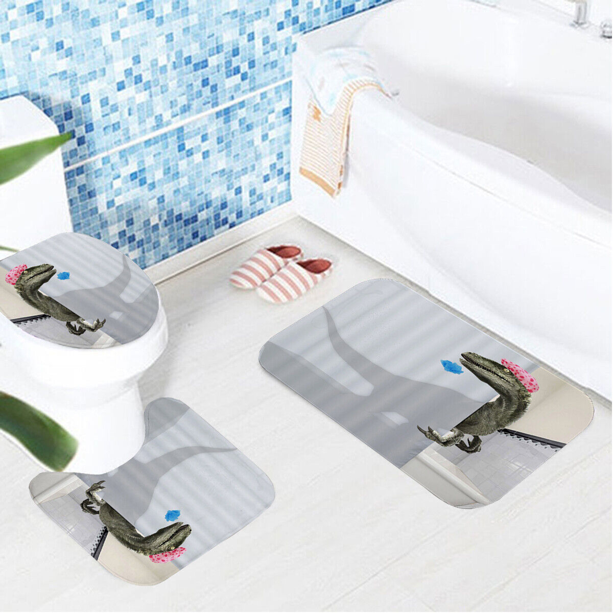 4Pcs Dinosaur Shower Curtain Set with Non-Slip Rug Toilet Lid Cover and Bath Mat