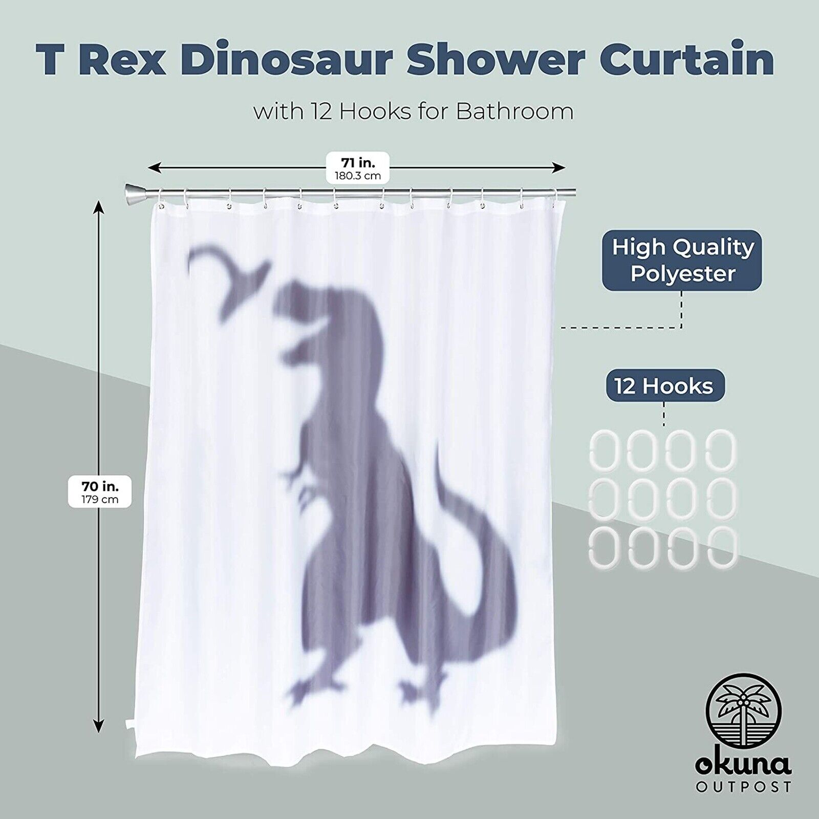 T Rex Dinosaur Shower Curtain Set with 12 Hooks for Bathroom (70 x 71 in)