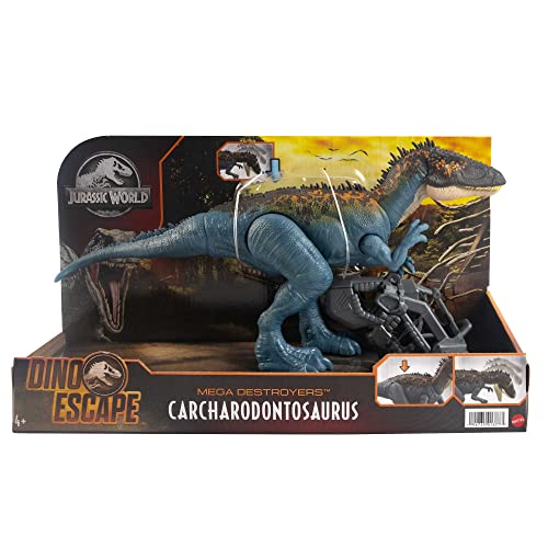Jurassic World Mega Destroyers Carcharodontosaurus Dinosaur Action Figure, Toy Gift with Movable Joints, Attack and Breakout Feature