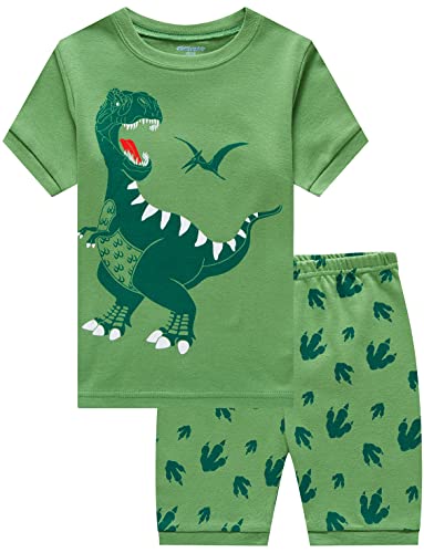 Little Boys Pajamas Shorts Set for Toddler Summer Clothes Dinosaur Sleepwear Cotton 2 Piece Kids Pjs Size 1-8 Years(Green Dinosaur-6102 4T)